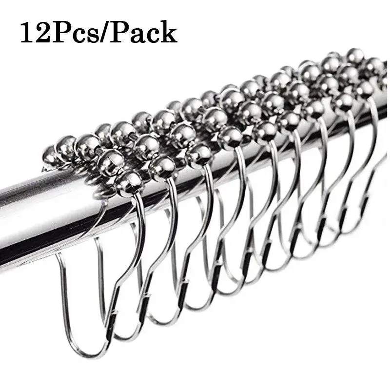 12pcs Shower Curtain Hooks Rings Roller Balls Chrome Stainless Steel Metal
